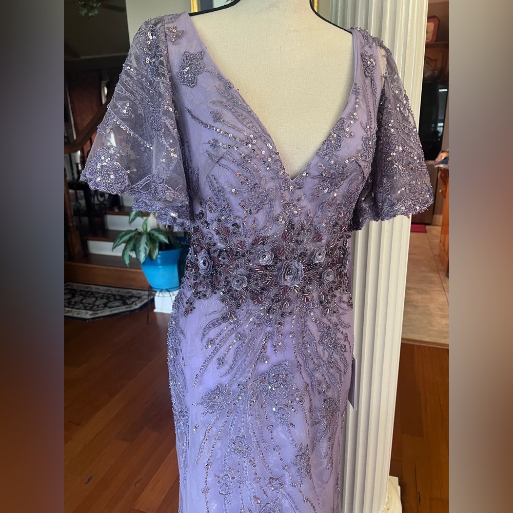 Mac Duggal Purple Flutter Sleeve V-Neck Gown - Picture 6 of 14